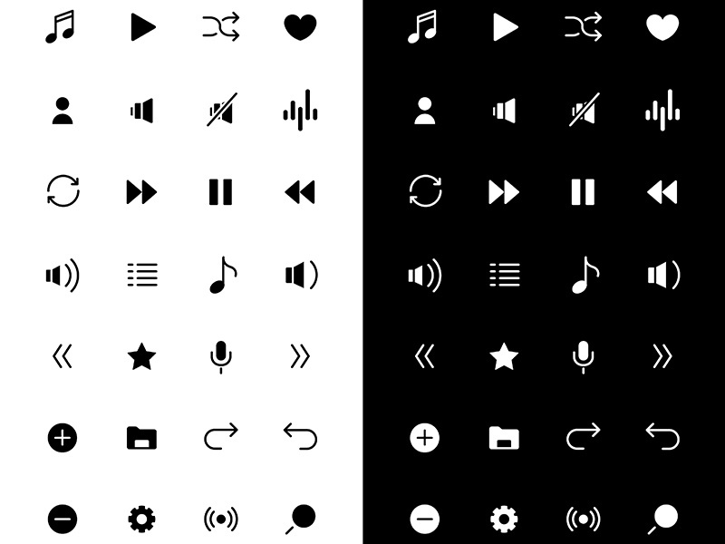 Music glyph icons set for night and day mode