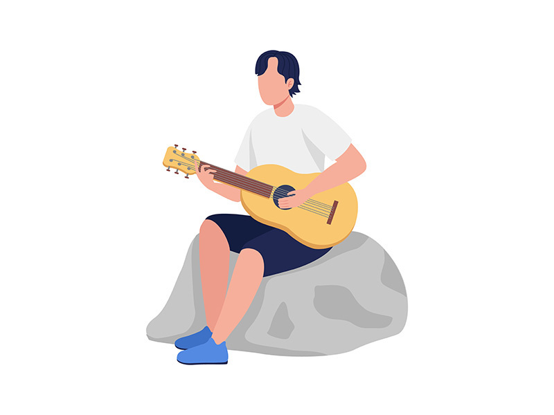 Young man playing guitar semi flat color vector character