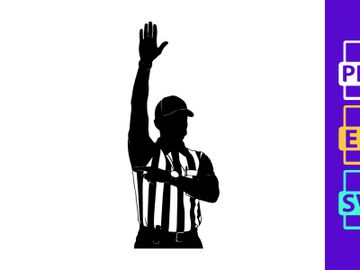 Referee in black and white silhouette signaling a call in a sports game preview picture