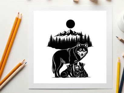 Silhouette of a wolf and her pups in front of a mountainous landscape silhouette