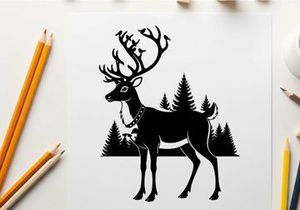 Reindeer silhouette with bells and christmas trees background