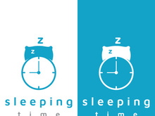 Bed and sleep logo creative design, with pillow,zzz, clock, moon and stars.