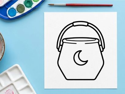 Halloween candy bucket icon. Trick or treat pail with moon symbol for holiday design.