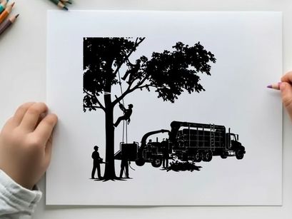Silhouette of tree removal service workers with truck and equipment