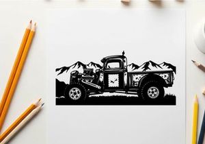 Vintage truck silhouette against majestic mountains