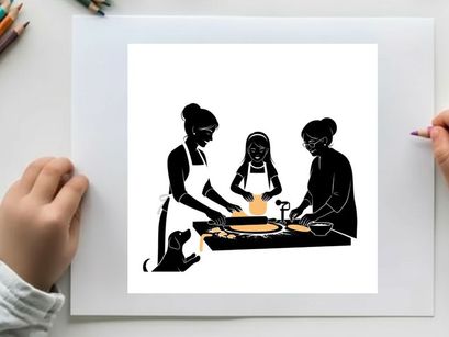 Silhouette of three people preparing food together in a kitchen setting