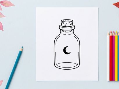 Empty glass bottle with crescent moon symbol for spiritual rituals. Minimalist container for essential oils, potions, or mystical decor.
