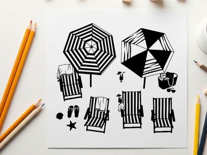 Beach scene with striped umbrella and silhouette beach chairs