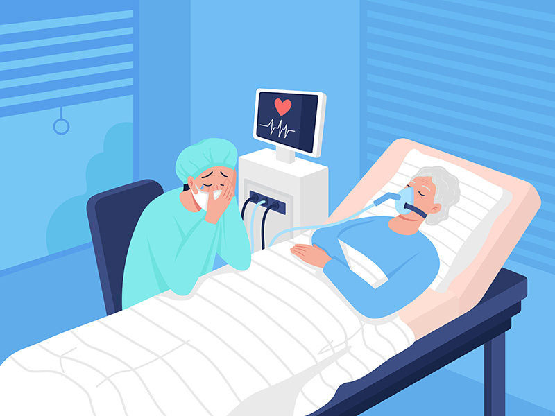 Comatose patient in intensive care unit flat color vector illustration
