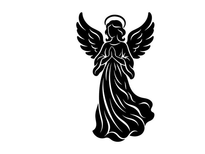 Black silhouette of a praying angel with wings, isolated on a white background.