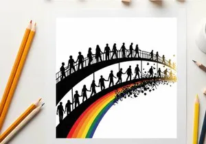 Silhouette of people walking on bridge over rainbow silhouette