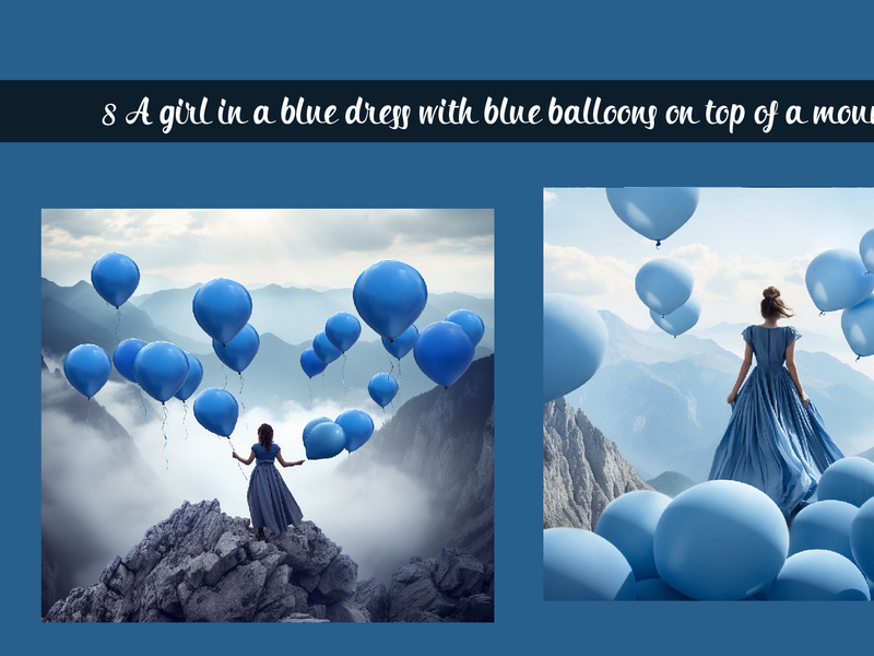 A girl in a blue dress with blue balloons on top of a mountain