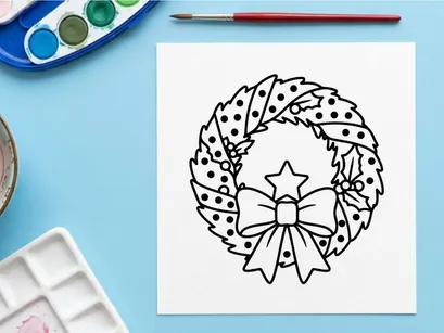 Ilustración de arte lineal de corona navideña con un lazo decorativo e icono de estrella