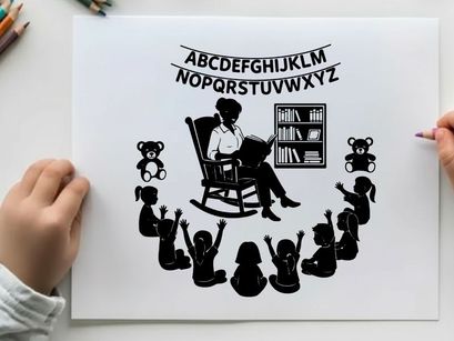 Silhouette of teacher reading to children in classroom with alphabet