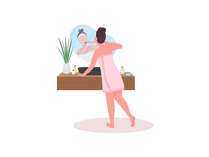 Woman in towel washing teeth flat color vector faceless character