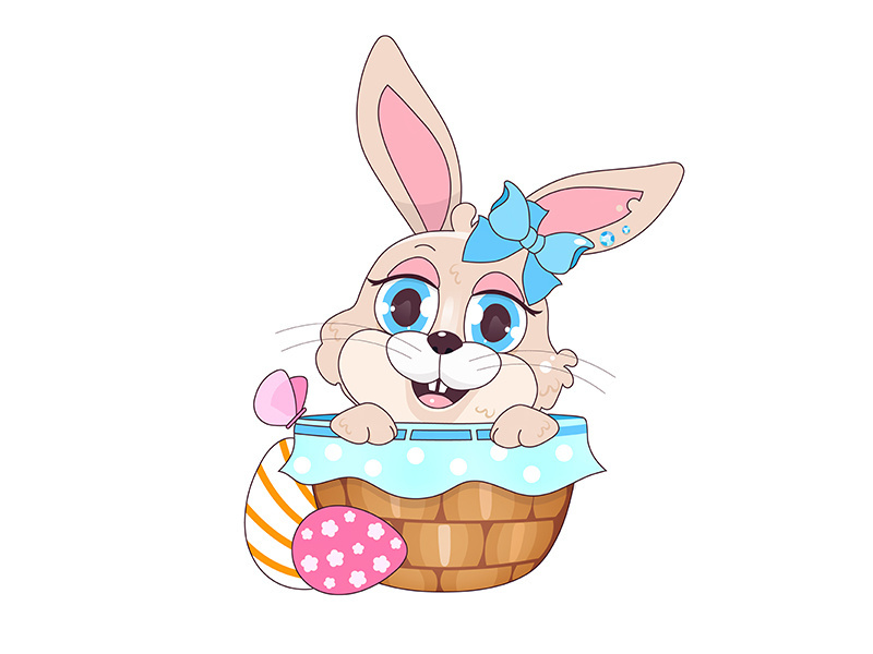 Cute Easter rabbit in basket with eggs kawaii cartoon vector character