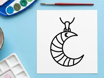 Minimalist zebra print crescent moon pendant necklace. Stylized animal pattern jewelry for fashion and accessories design.
