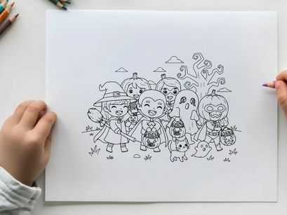 Halloween trick or treat kids group vector illustration flat design