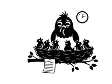 Silhouette of a stressed bird in a nest with young