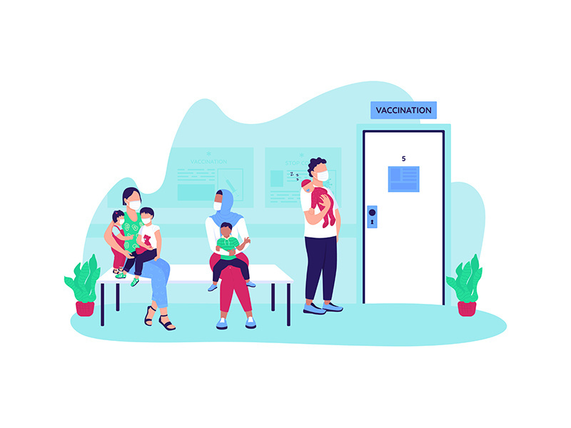 Waiting line for pediatric vaccination flat concept vector illustration