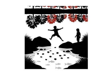 Silhouette of a child jumping over a stream with another child watching