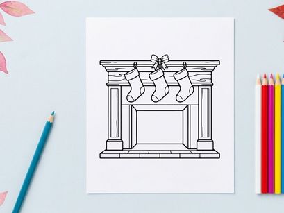 Line Art Illustration of a Fireplace with Hanging Stockings