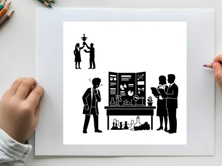 Silhouette of people in a science classroom setting with experiments