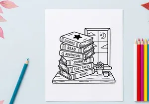 Stack of books with cozy reading theme by a window, hand drawn line art illustration.