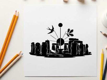Stonehenge with sun and bird vector illustration