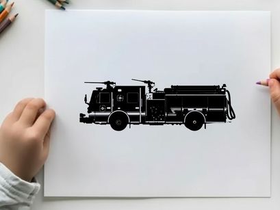 Fire truck silhouette with helicopter on top and hose