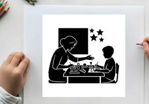 Silhouette of a woman teaching a child to play chess with stars