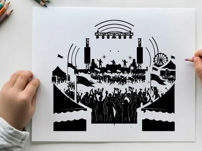 Concert silhouette with crowd and stage equipment