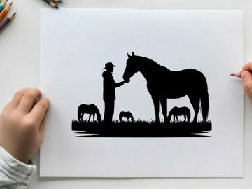 Silhouette of man petting horse with foals grazing nearby preview picture