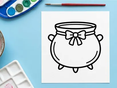 Halloween witch cauldron icon. Cute black line art pot for holiday party design.