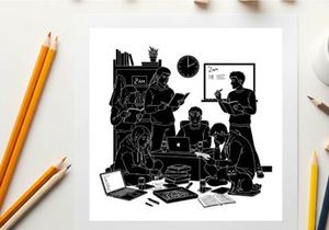 Silhouette of a group of people working together in an office setting silhouette
