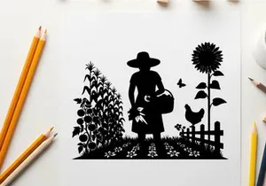 Silhouette of a woman in a garden with sunflowers and a chicken