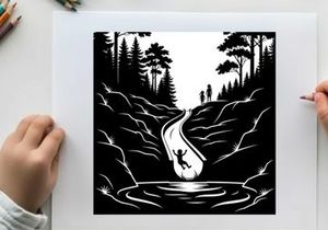 Silhouette of a person jumping into a serene lake at dusk surrounded by trees