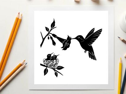 Hummingbird feeding young in nest silhouette