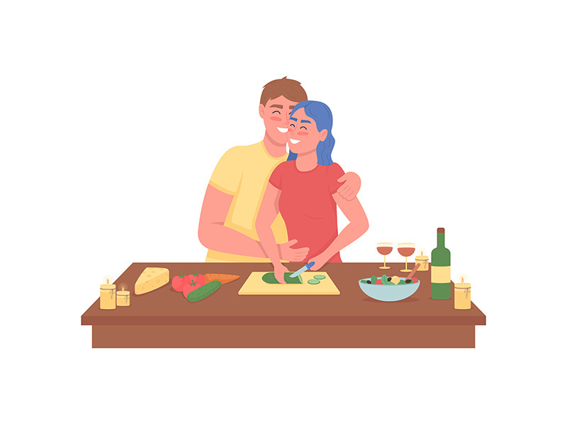 Happy couple cooking romantic dinner flat color vector detailed characters