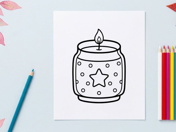 Candle in a jar with star pattern. Black and white line art illustration for coloring.