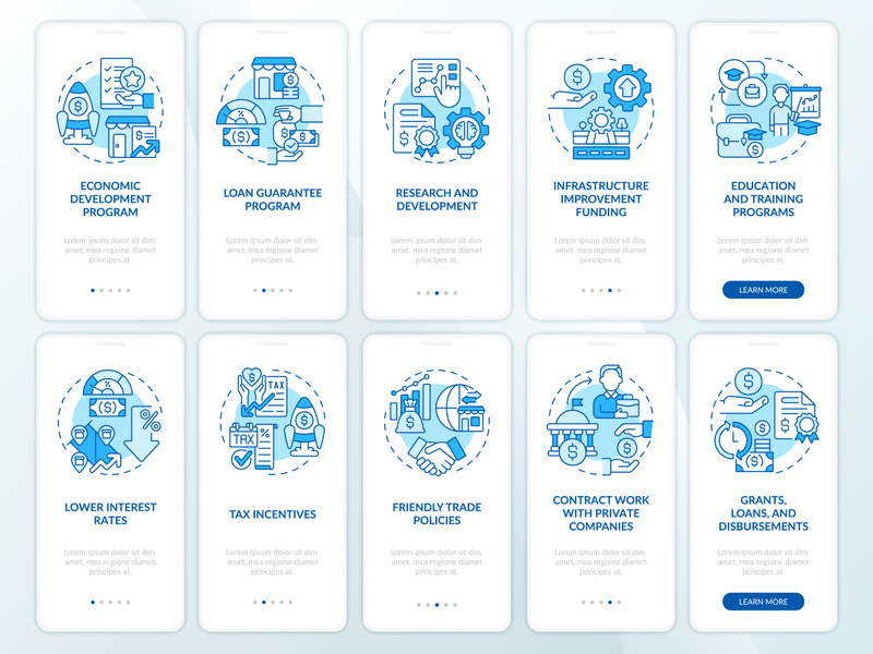 Small business incentives blue onboarding mobile app screen set
