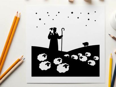 Silhouette of shepherd with sheep under starry night sky