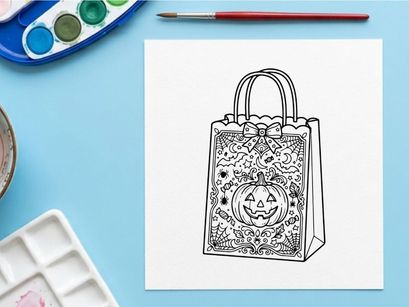 Bolsa de regalo de Halloween con diseño de calabaza. Tote de dulces para truco o trato con intrincado patrón de encaje blanco sobre fondo transparente.