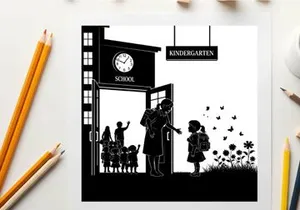 Silhouette of children and teacher outside kindergarten school entrance