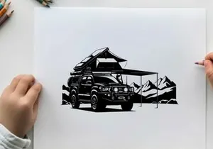 Silhouette of a car with a roof tent and awning in a mountainous landscape