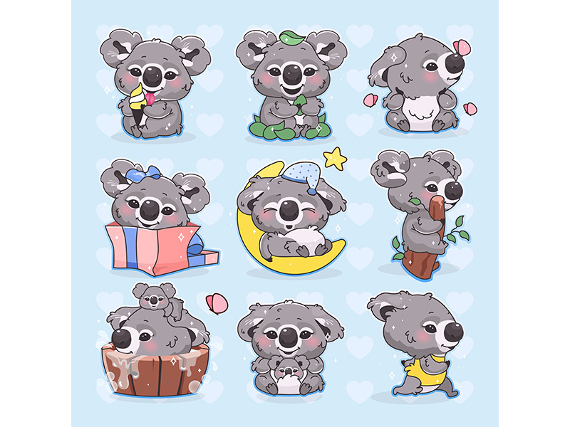 Cute koala kawaii cartoon vector characters set