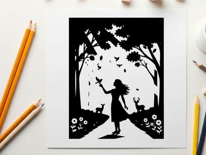 Silhouette of a girl in a forest with deer and flowers