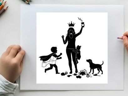 Silhouette of a woman and children playing with a dog outdoors