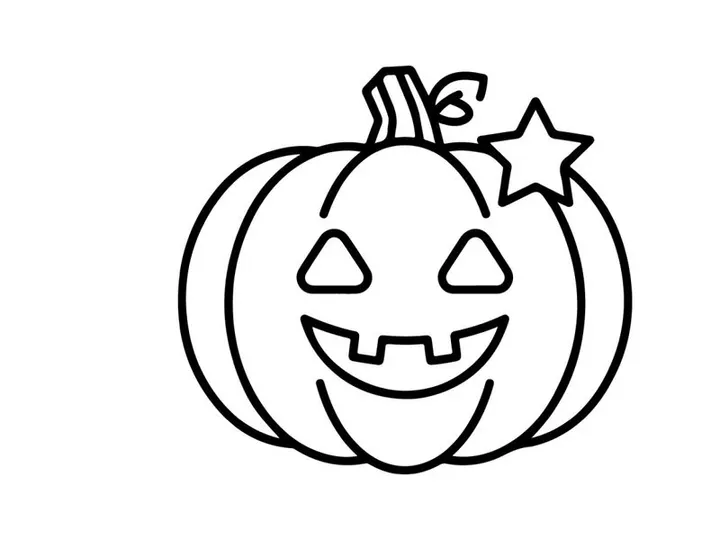 Hand-drawn Halloween jack-o-lantern with glowing smile and star. Cute cartoon pumpkin face illustration for festive autumn decor and kids crafts.