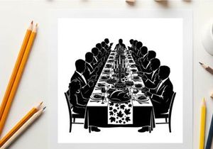 Silhouette of formal dinner party with guests seated around long table